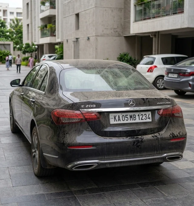 Dusty rear trunk, bumper, and taillights of black sedan before cleaning