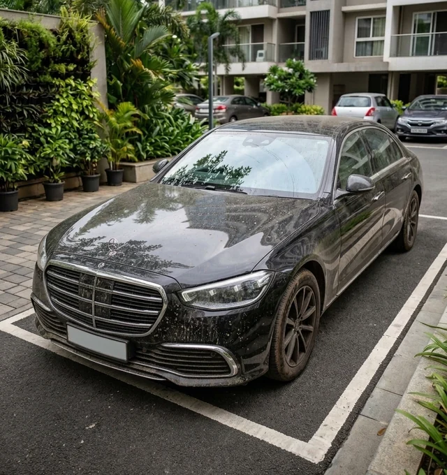 Black sedan exterior with dust and dried water spots before OTOGO cleaning