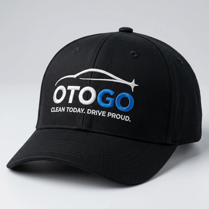 Branded black OTOGO baseball cap with embroidered white and blue logo