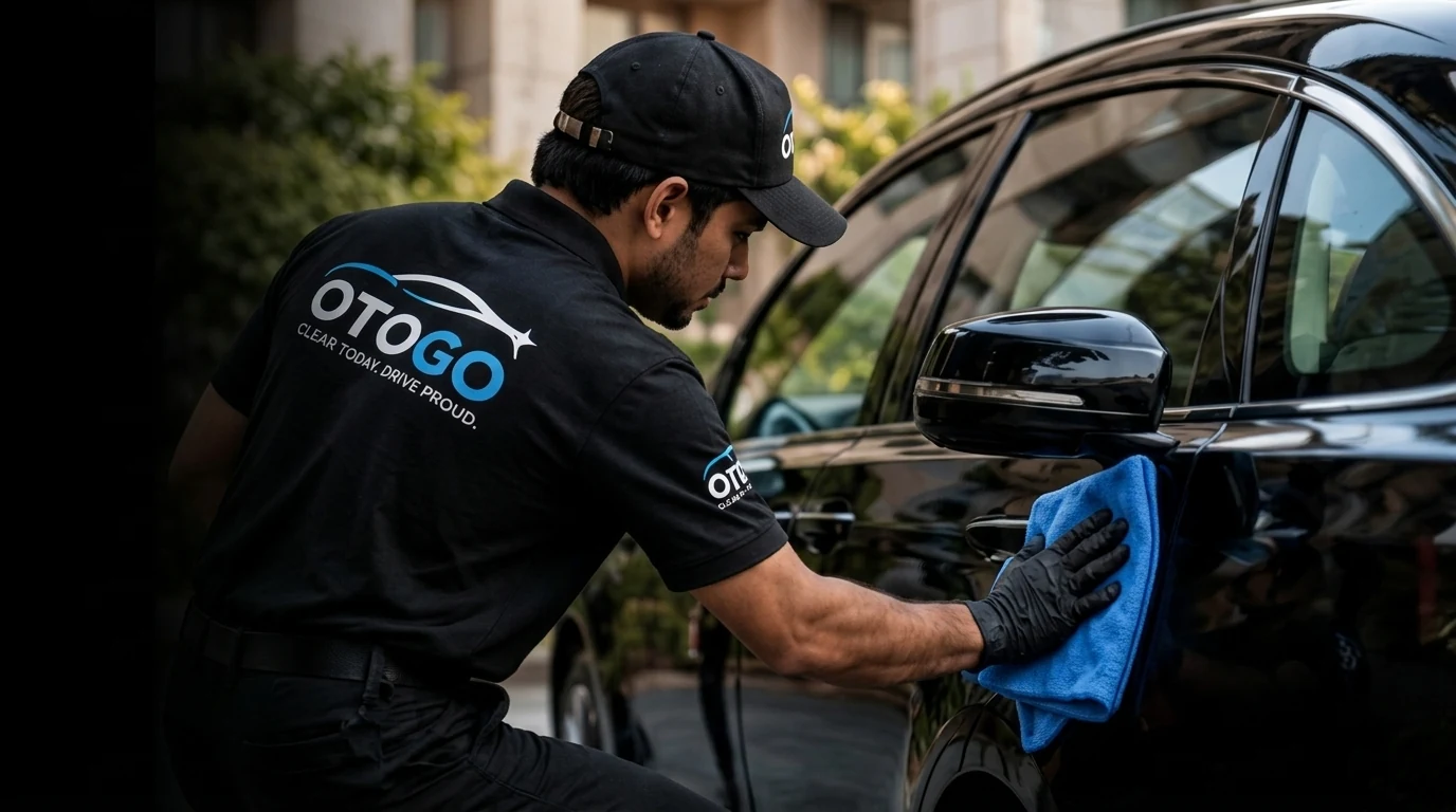 Professional OTOGO car-care technician cleaning a glossy black luxury sedan with a blue microfiber cloth in Ahmedabad