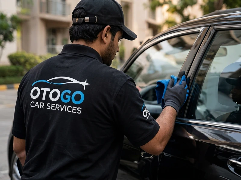 Professional OTOGO car-care worker cleaning a black sedan with a blue microfiber cloth