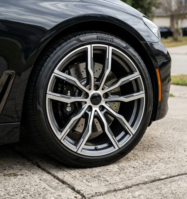 Same alloy wheel and dressed tire shining with metallic reflections after cleaning