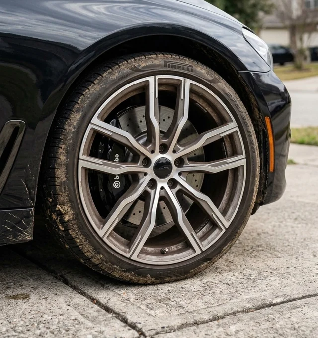 Alloy wheel and tire with brake dust and road grime before cleaning